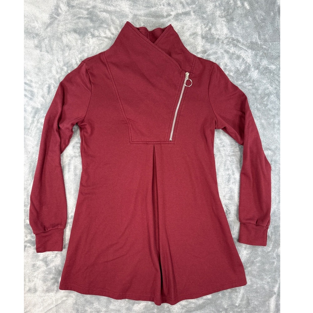 Valolia Womens Burgundy Asymmetric Zip Neck Tunic Top Long Sleeve Red‎ Small